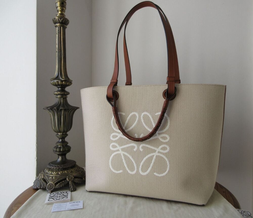 Loewe Large Anagram Tote in Ecru Woven Canvas &amp; Tan Calfskin