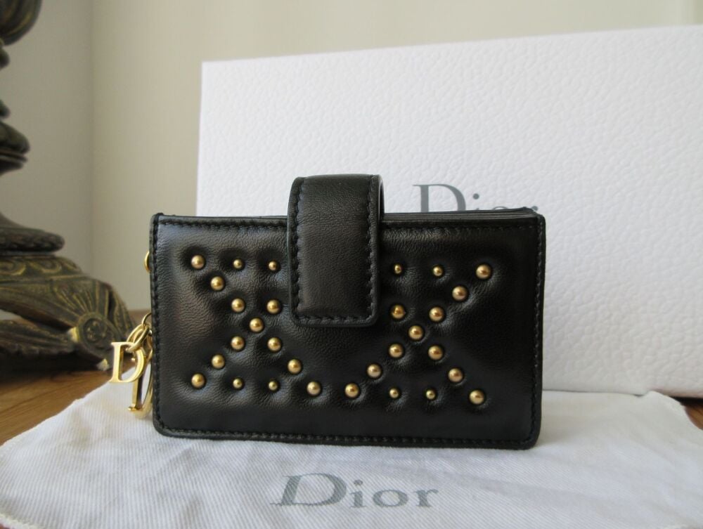 Christian Dior Lady Dior Studded Multi Card Wallet in Black Lambskin with Antiqued Gold Hardware