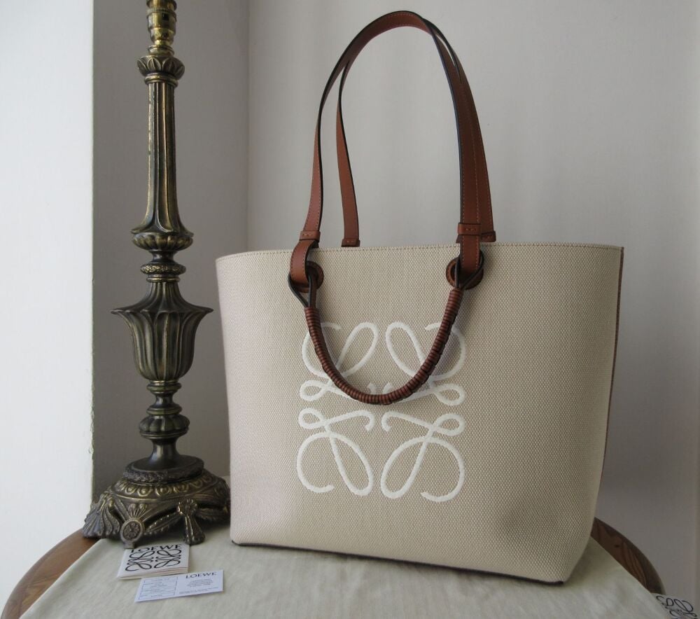 LOEWE Anagram Large Tote in Ecru Woven Canvas & Tan Calfskin