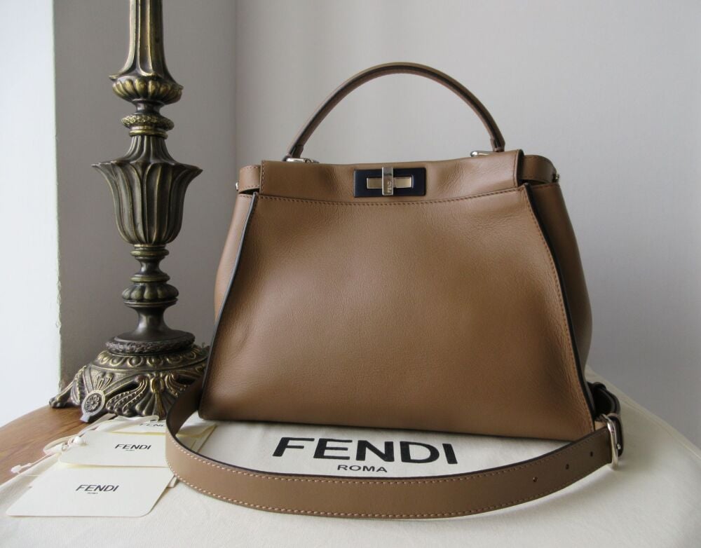 Fendi Medium Peekaboo Nappa in Sand with Azure Blue Lining