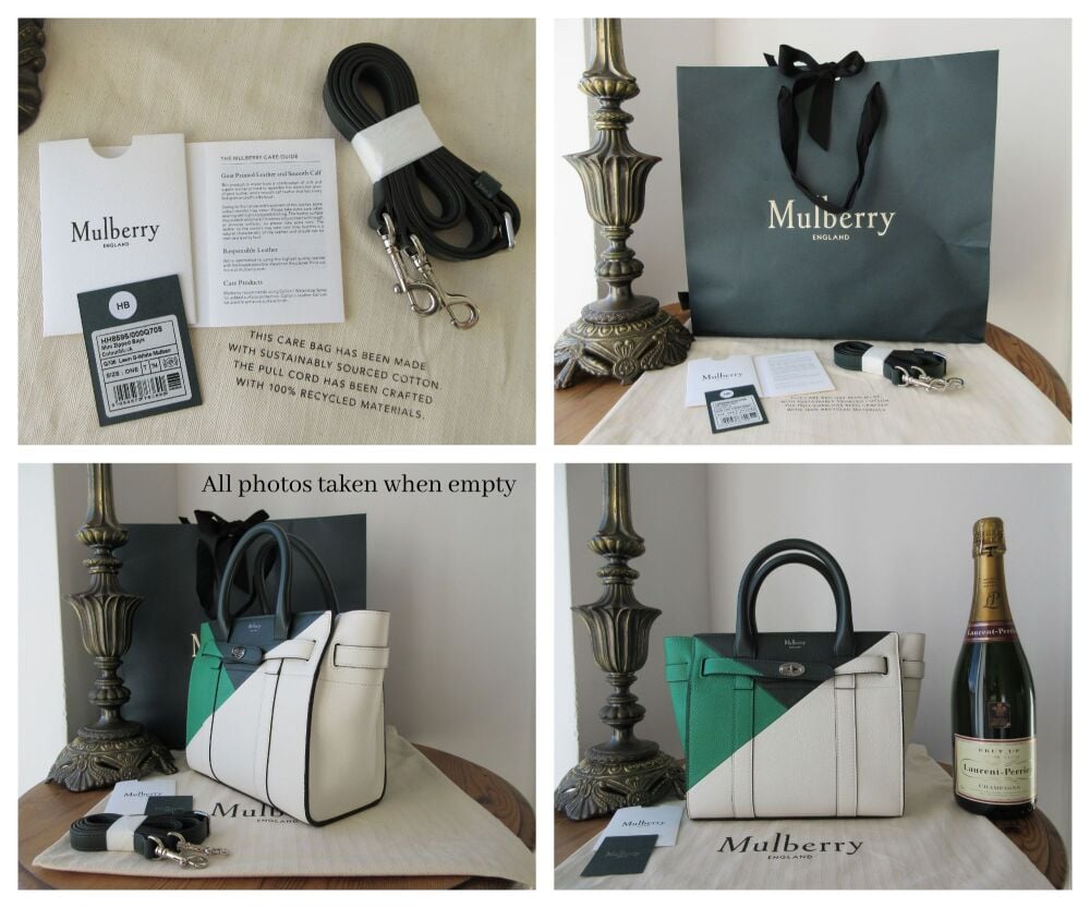 Mulberry Colour Block Mini Zipped Bayswater in Lawn Green, White & Mulberry Green Goat Printed Leather & Smooth Calf - New