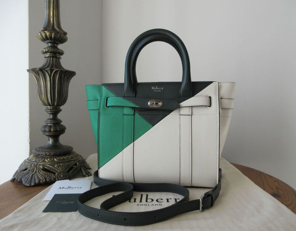 Mulberry Colour Block Mini Zipped Bayswater in Lawn Green, White & Mulberry Green Goat Printed Leather & Smooth Calf - New