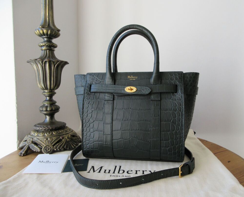 Mulberry Mini Zipped Bayswater in Mulberry Green Matte Croc Print Leather N