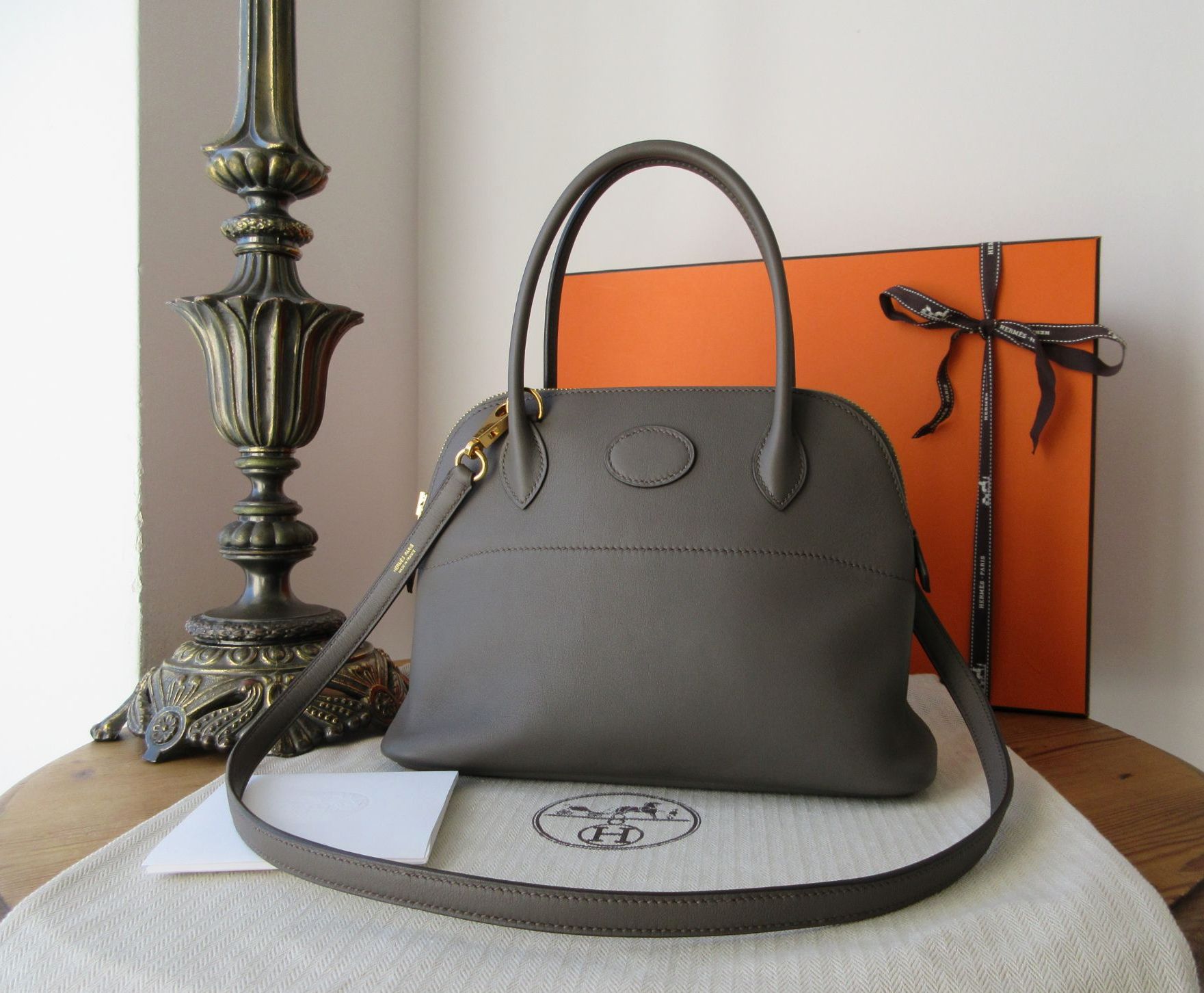Hermes Bolide 27 Mou in Etain Swift with Gold Hardware