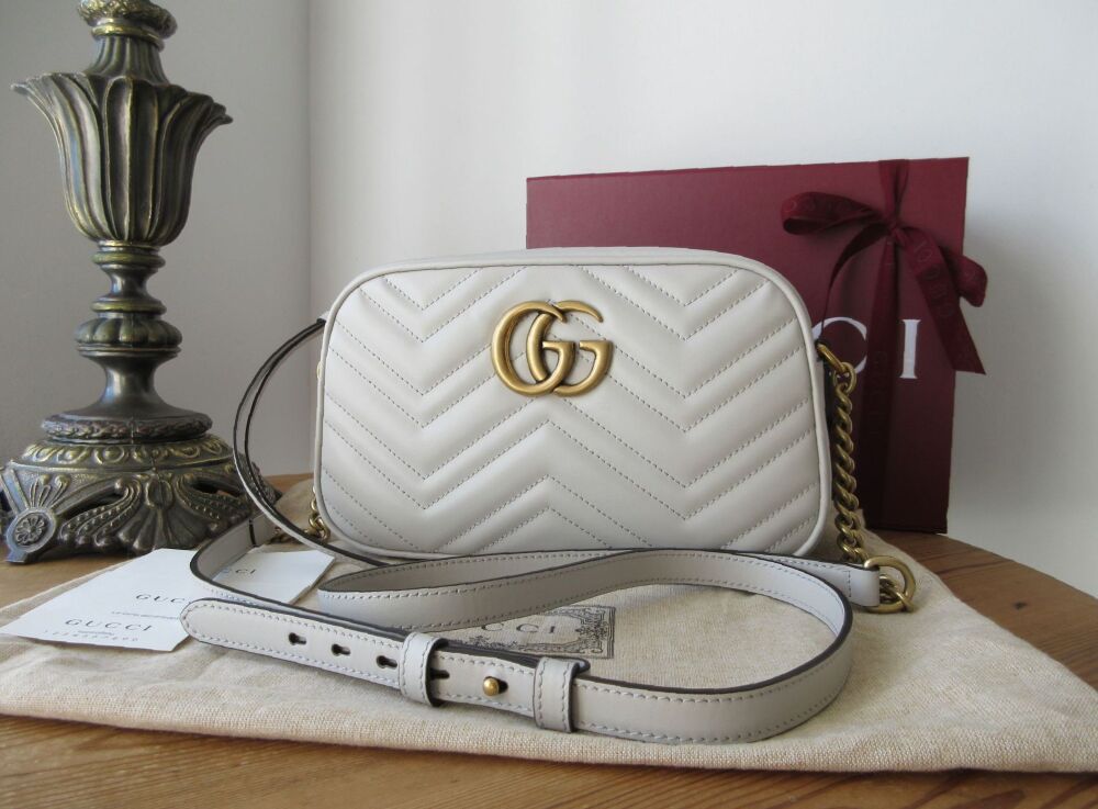 Gucci GG Marmont Small Shoulder Camera Bag in Light Grey Matelass&eacute; Calfskin