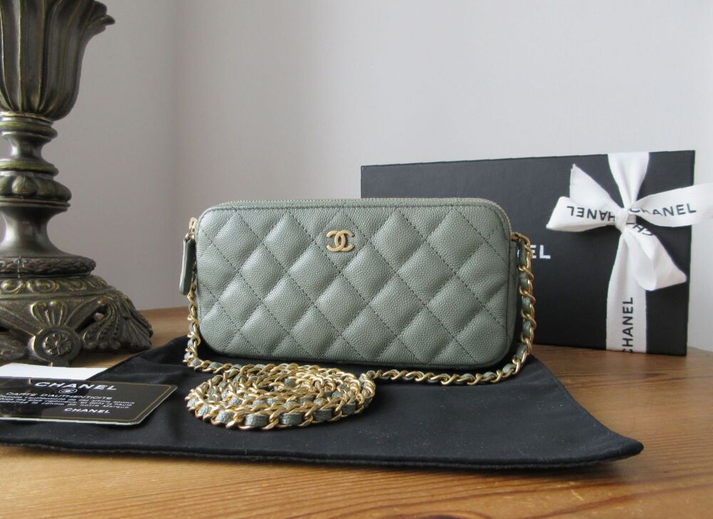 Chanel Twin Zipped Pochette Wallet on Chain in Khaki Green Iridescent Caviar with Aged Gold Hardware