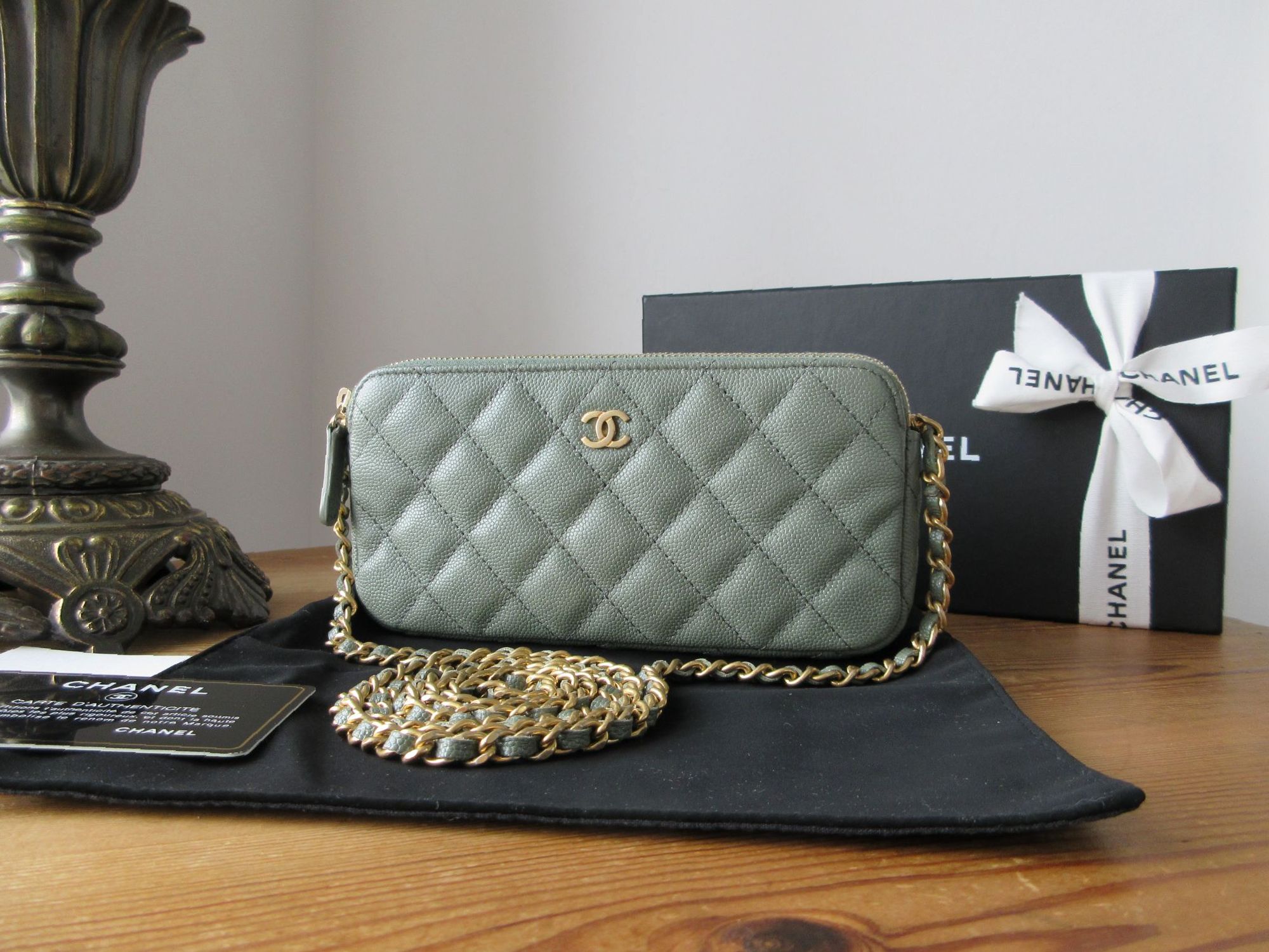 Chanel Twin Zipped Pochette Wallet on Chain in Khaki Green Iridiscent Cavia