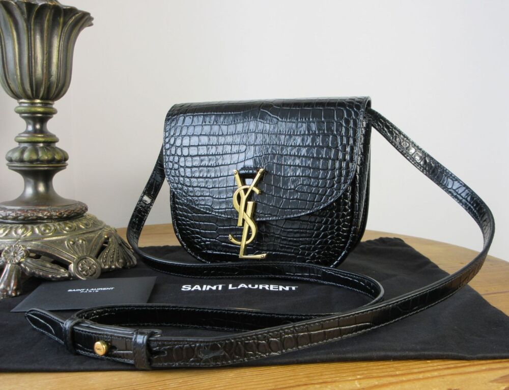 Saint Laurent Small Kaia Shoulder Clutch in Shiny Black Croc Embossed Calfskin