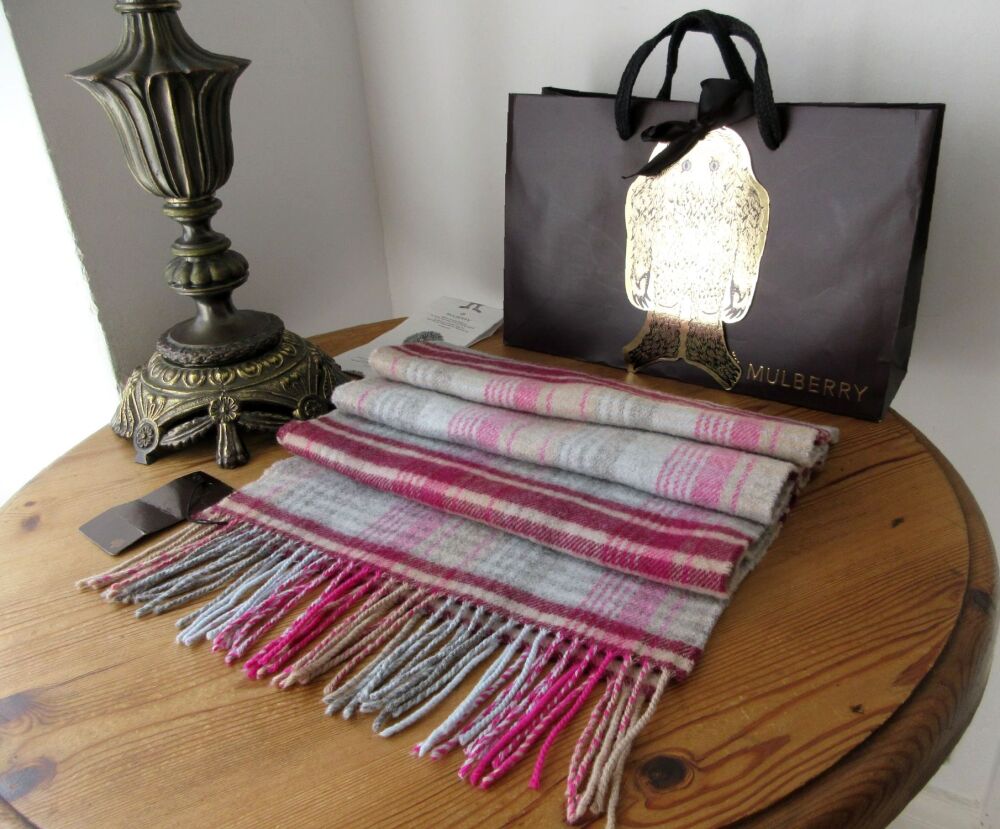Mulberry Classic Fringed Winter Scarf in Mulberry Pink Heritage Check Merin