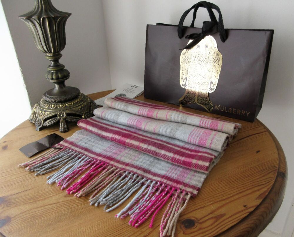 Mulberry Classic Fringed Winter Scarf in Mulberry Pink Heritage Check Merino Cashmere - New