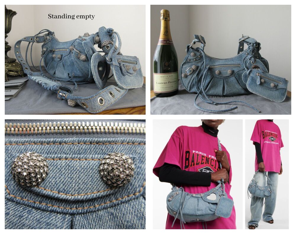 Balenciaga Le Cagole Small Shoulder Bag in Distressed Denim with Giant Silver Rhinestone Hardware - New