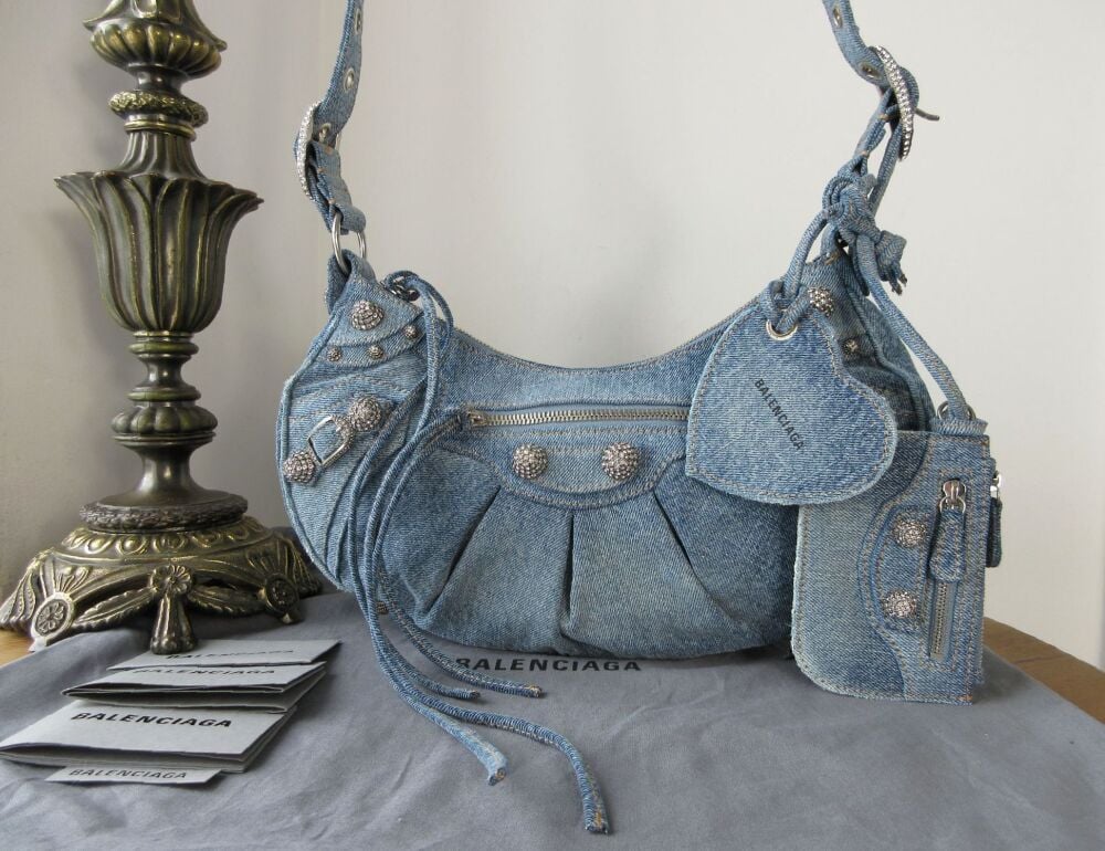 Balenciaga Le Cagole Small Shoulder Bag in Distressed Denim with Giant Silv