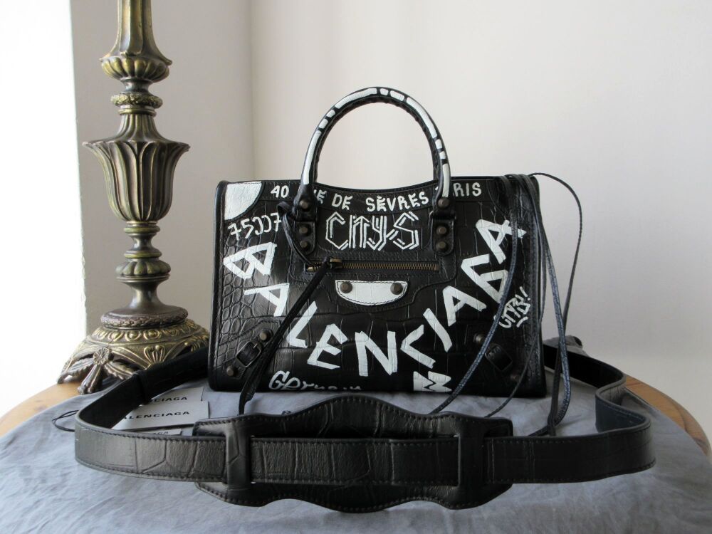 Balenciaga Graffiti All Over Small Classic City in Croc Embossed Calfskin