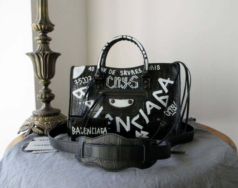 Balenciaga Graffiti All Over Small Classic City in Croc Embossed Calfskin -