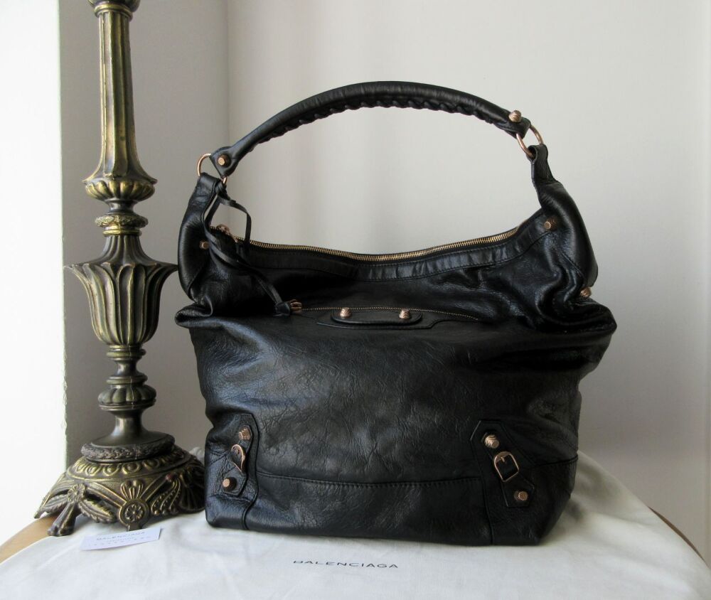 Balenciaga Giant 12 Day Hobo Bag in Black Vintage Agneau with Antiqued Rose Gold Hardware