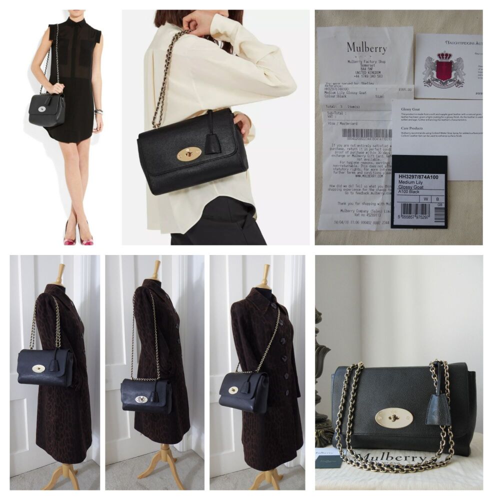 Mulberry Medium Lily in Black Glossy Goat with Shiny Pale Gold Hardware