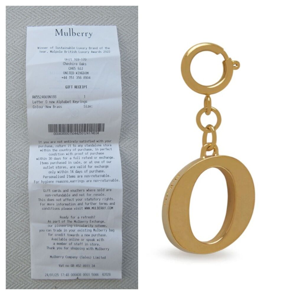 Mulberry Alphabet Brass Keyring Bag Charm Personalisation Charm in the Letter O - New