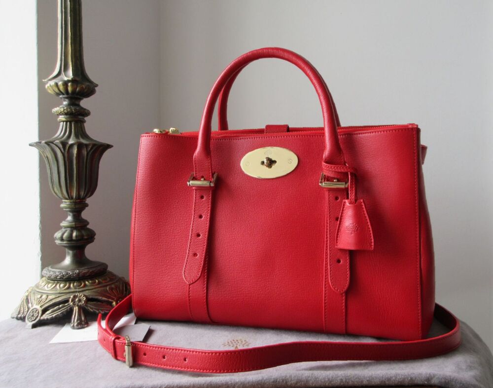 Mulberry Double Zipped Bayswater Tote in Bright Red Shiny Goat