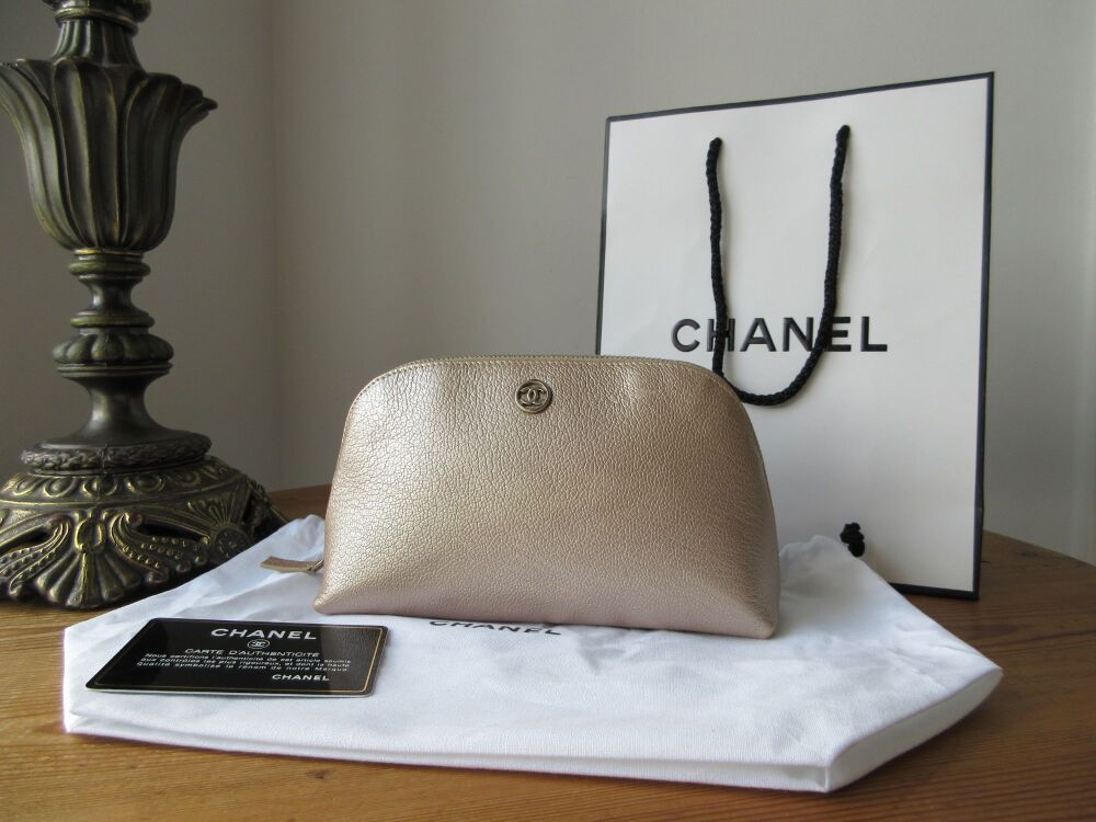 Chanel Zip Pouch in Champagne Gold Metallic Calfskin with Silver Hardware