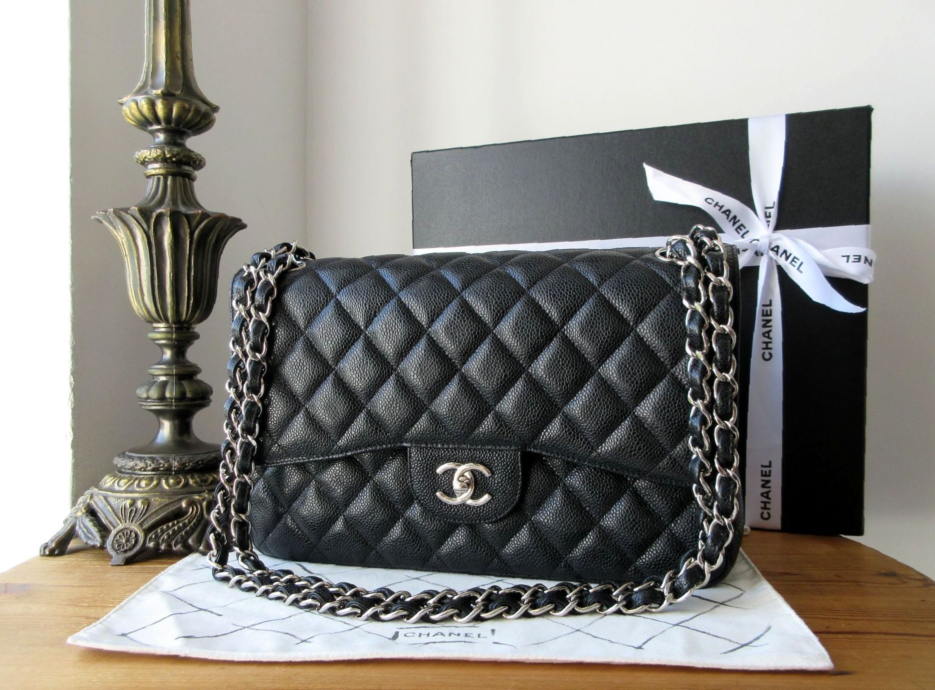 Chanel Timeless Classic 2.55 Jumbo Double Flap Bag in Black Caviar with Shi
