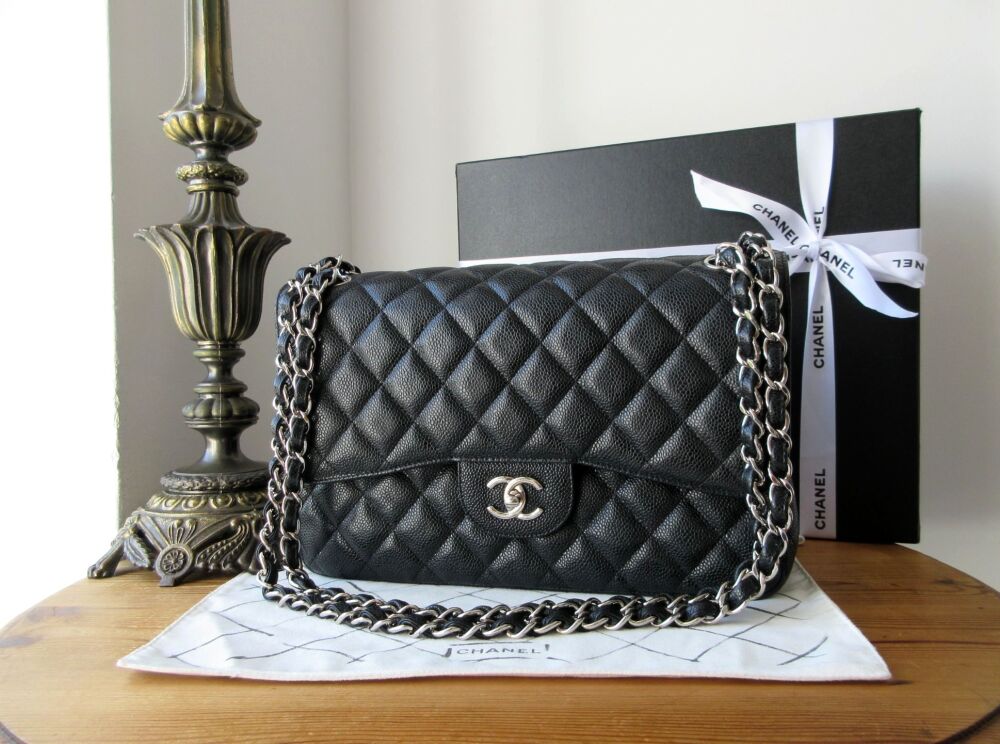 Chanel Timeless Classic 2.55 Jumbo Double Flap Bag in Black Caviar with Shi