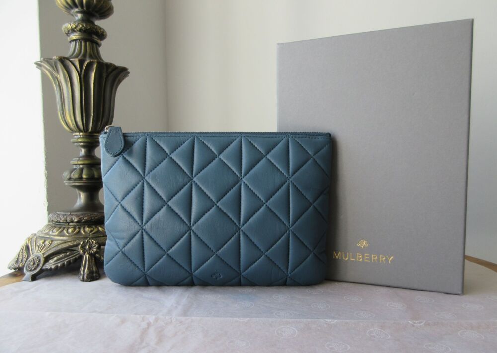Mulberry Cara Delevingne Small Zip Pouch in Steel Blue Quilted Lamb Nappa Leather