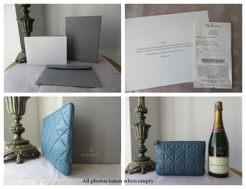 Mulberry Cara Delevingne Small Zip Pouch in Steel Blue Quilted Lamb Nappa Leather