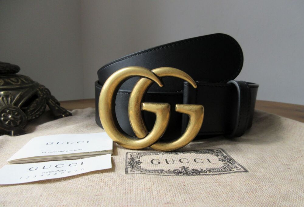 Gucci GG Marmont Belt in Smooth Black Leather with Antique Gold Hardware