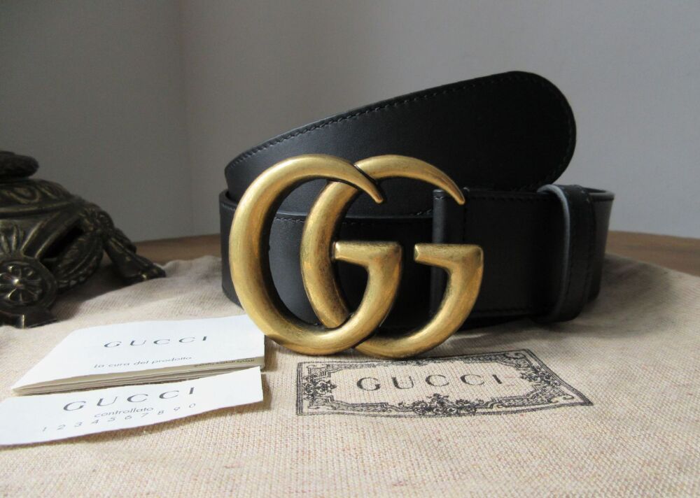 Gucci GG Marmont Belt in Smooth Black Leather with Antique Gold Hardware