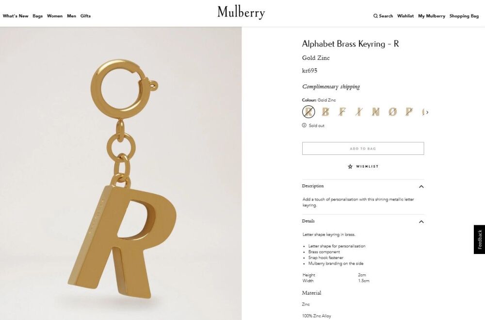Mulberry Alphabet Brass Keyring Bag Charm Personalisation Charm in the Letter R - New
