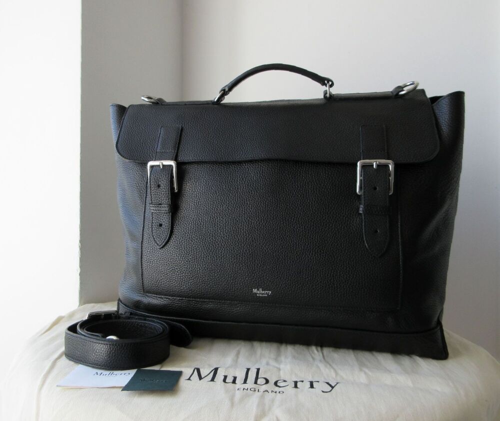 Mulberry XL Chiltern Buckle Satchel Travel Bag in Black Grain Vegetable Tan