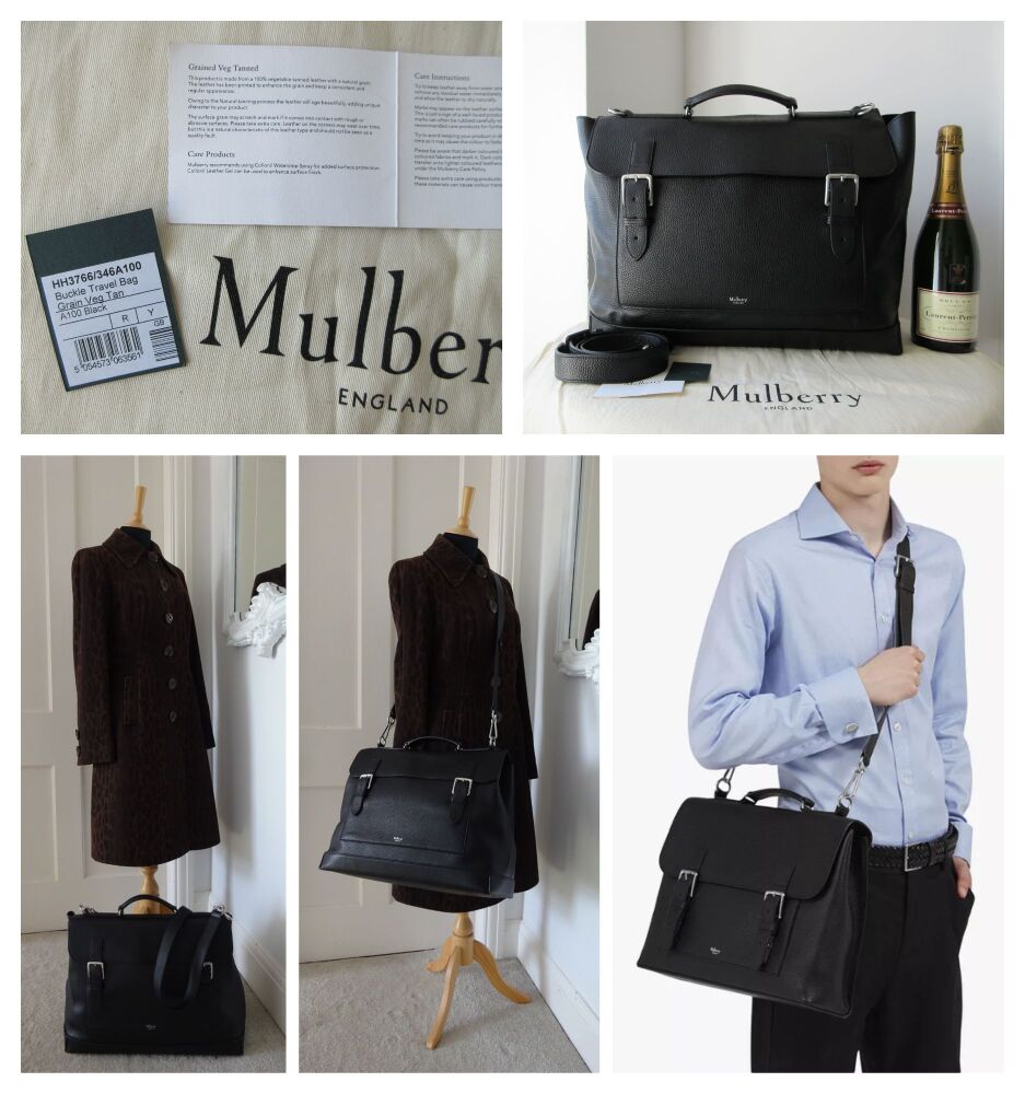 Mulberry XL Chiltern Buckle Satchel Travel Bag in Black Grain Vegetable Tanned Leather