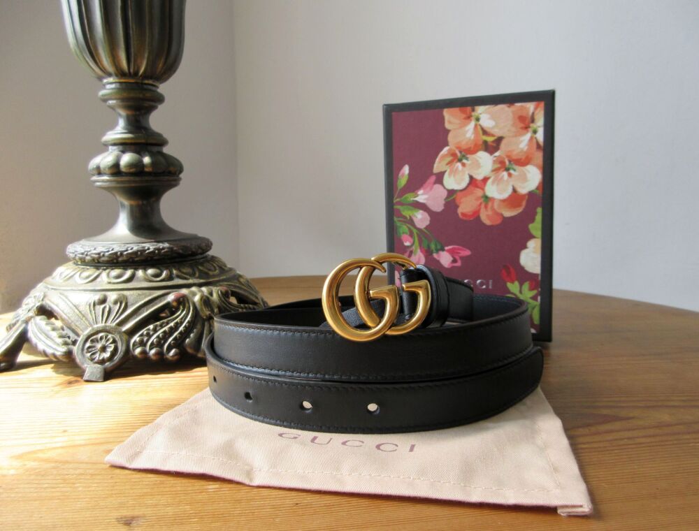 Gucci GG Marmont Slim Belt in Smooth Black Leather with Antique Gold Hardwa