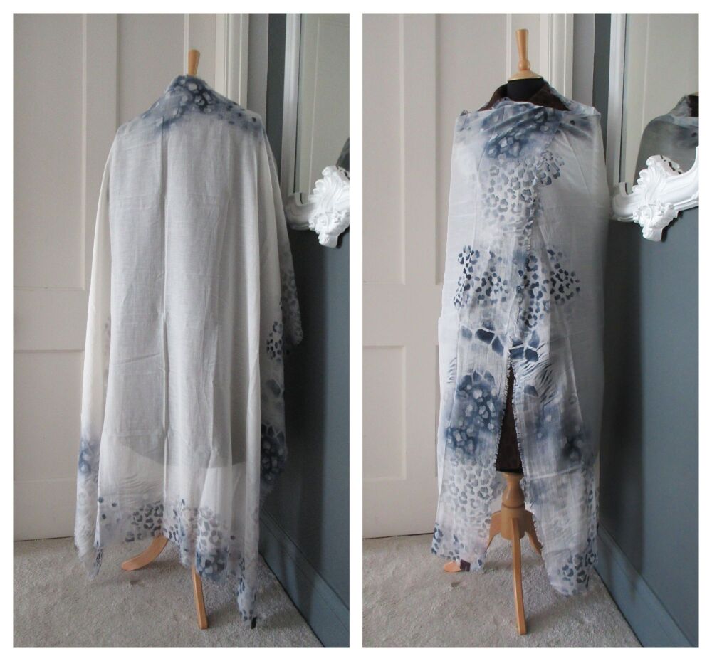 Mulberry 'Painted Fringe' Animal Airbrushed Border Square Scarf Wrap in Foggy Grey Silk & Cotton Mix