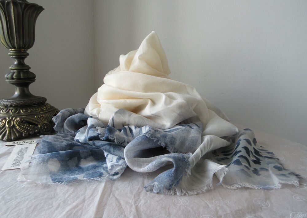 Mulberry 'Painted Fringe' Animal Airbrushed Border Square Scarf Wrap in Foggy Grey Silk & Cotton Mix