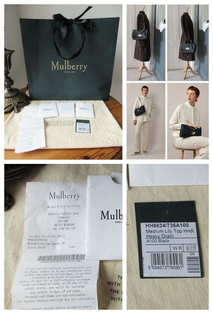 Mulberry Top Handle Medium Lily in Black Heavy Grain with Shiny Pale Gold Hardware