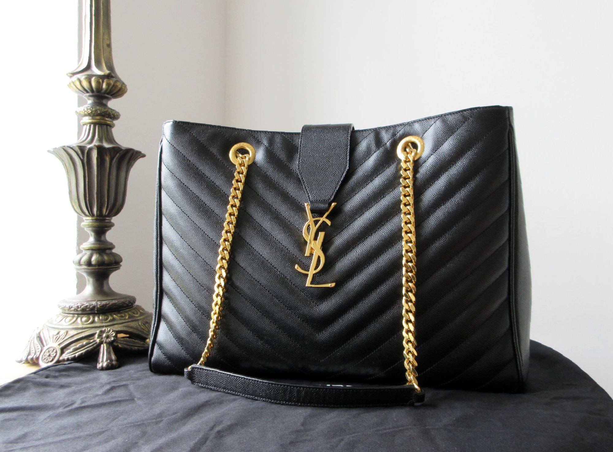 Saint Laurent YSL Cassandre Shoulder Tote in Black Grain De Poudre