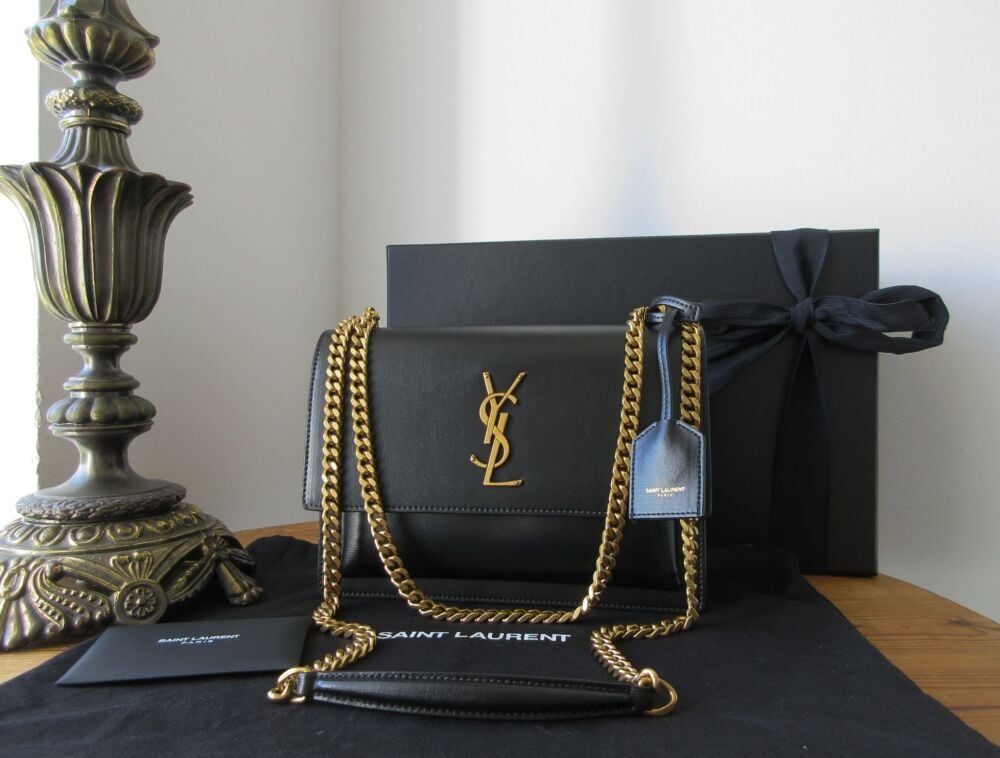 Saint Laurent YSL Sunset Medium in Black Calfskin with Antiqued Gold Hardware - New