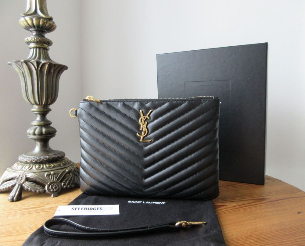 Saint Laurent YSL Cassandre Wristlet Zip Pouch in Soft Black Matelass&eacute; Calf