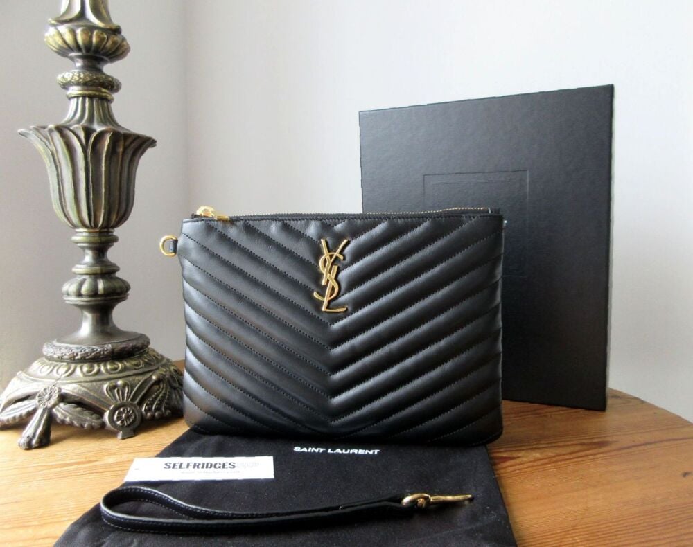 Saint Laurent YSL Monogram Cassandre A5 Wristlet Zip Pouch in Black Matelassé Calfskin - New*