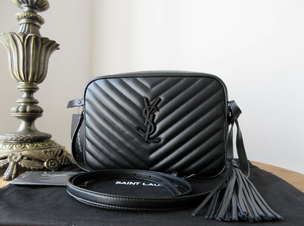 Saint Laurent YSL All Black Tassel Lou Medium Camera Bag in Black Matelass&eacute;