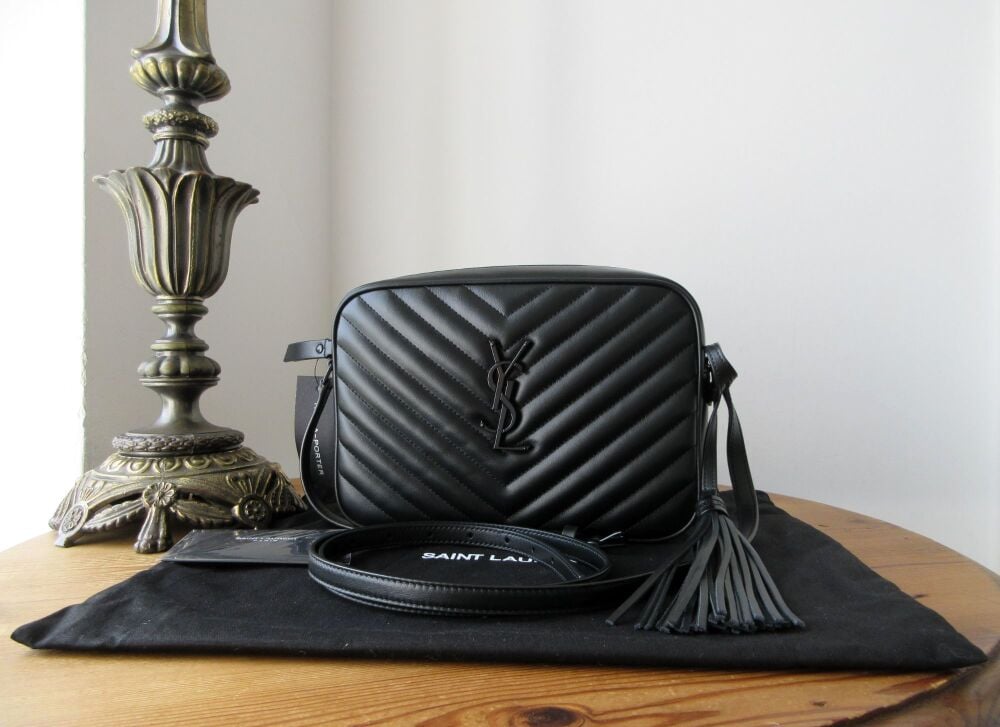 Saint Laurent YSL All Black Tassel Lou Medium Camera Bag in Black Matelassé Calfskin - New*