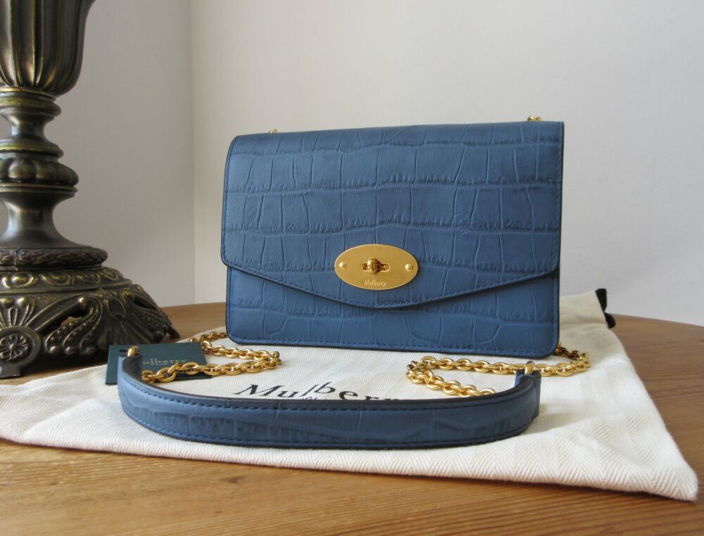 Mulberry Small Darley Shoulder Clutch in Pale Navy Matte Croc As New