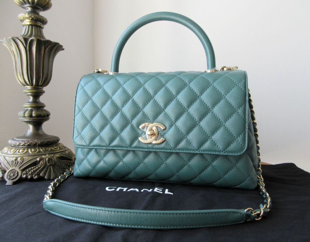 Chanel Coco Handle Medium in Green Caviar with Gold Hardware As New