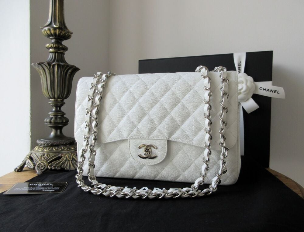 Chanel Classic Jumbo (Large) Single Flap in White Caviar with Shiny Silver Hardware