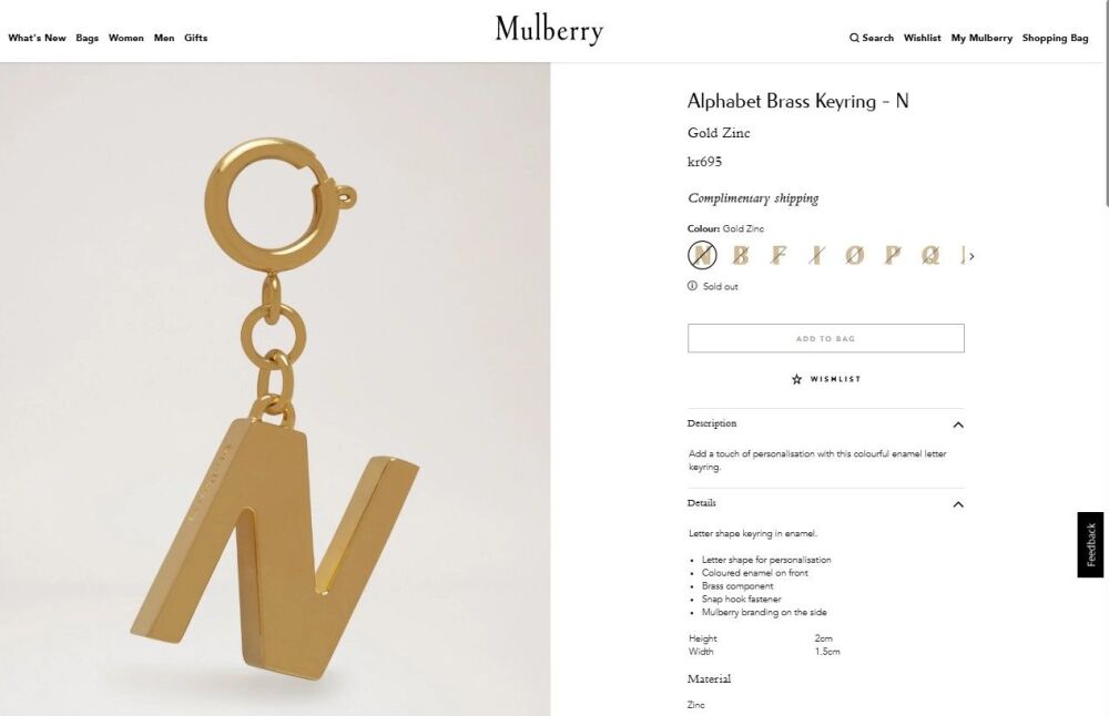 Mulberry Alphabet Brass Keyring Bag Charm Personalisation Charm in the Letter N - New