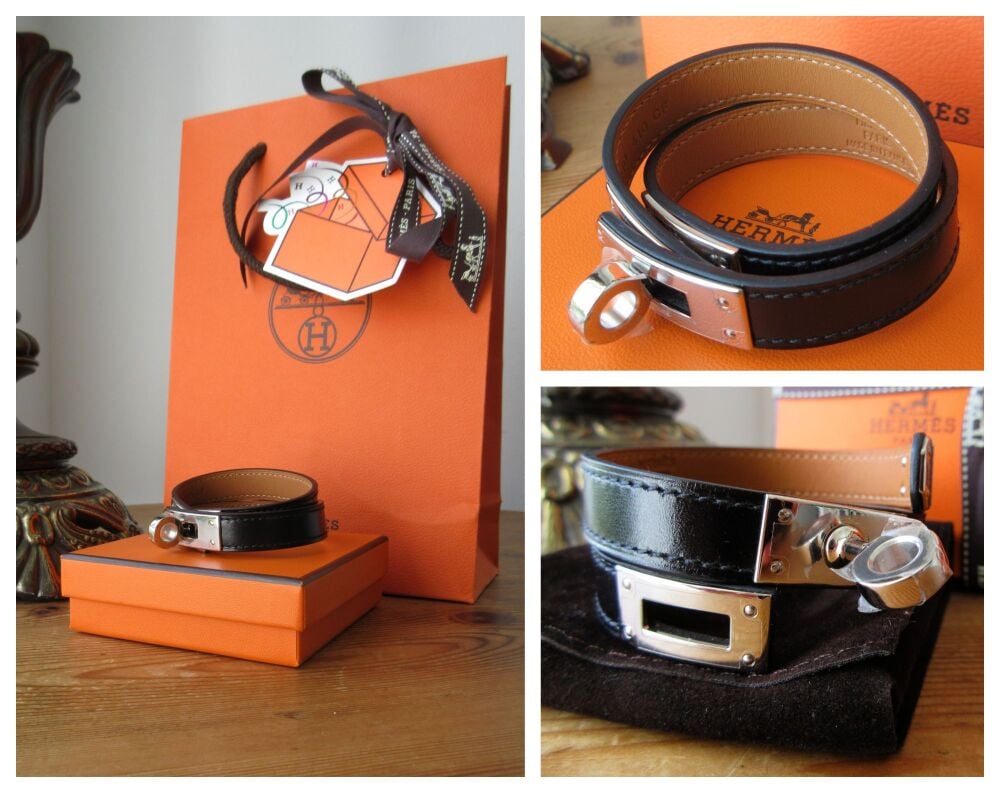 Hermès Mini Kelly Double Tour Leather Wrap Bracelet in Black Box Calfskin with Palladium Hardware - New