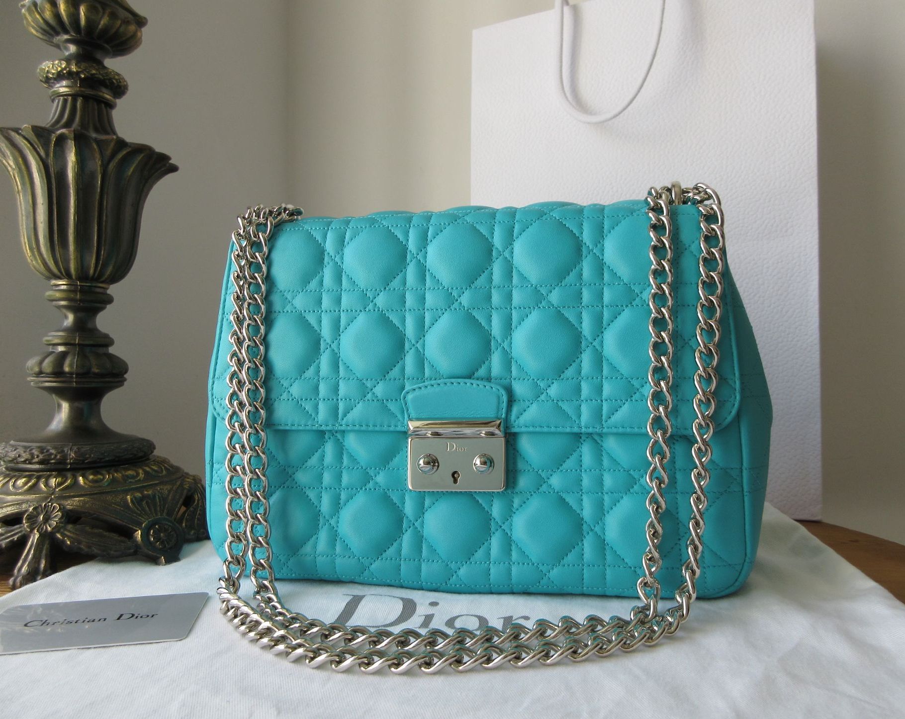 Christian Dior Miss Dior Medium Flap Bag in Turquoise Cannage Quilted Lambs