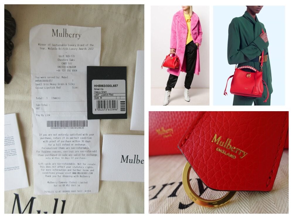 Mulberry Small Iris in Lipstick Red Heavy Grain with Chalk Silky Calf Braided Handle - New