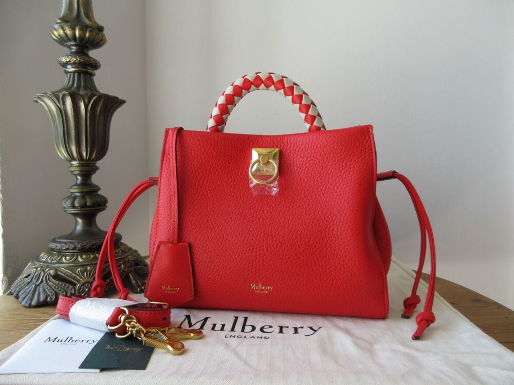 Mulberry Small Iris in Lipstick Red Heavy Grain with Chalk Silky Calf Braided Handle - New